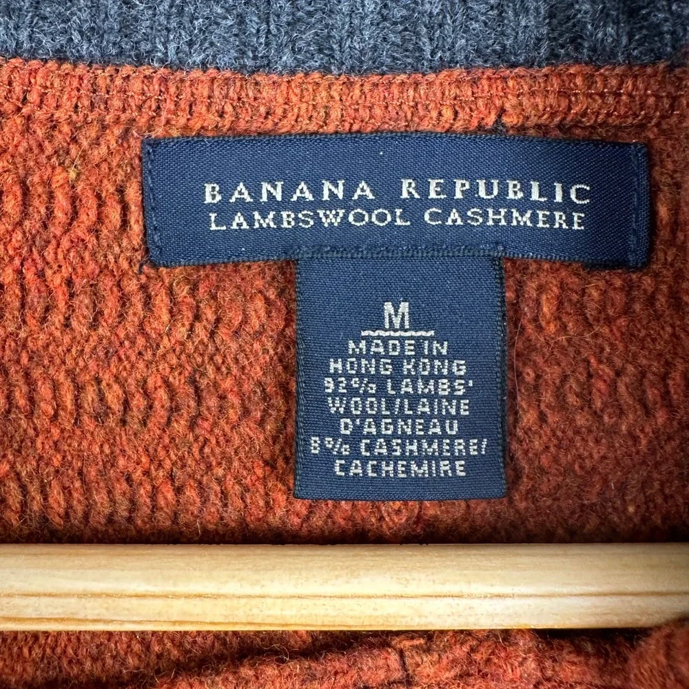 Banana Republic Sweater Mens M Orange Lambswool Cashmere 1/4 Zip‎ Elbow Patches